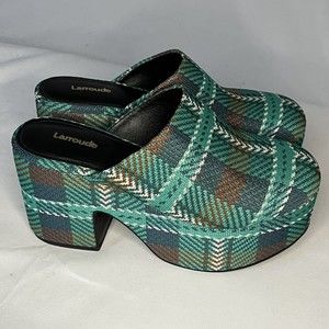 Larroude Womens 9.5 Miso Platform Knit Clogs Mules in Green Tartan $330